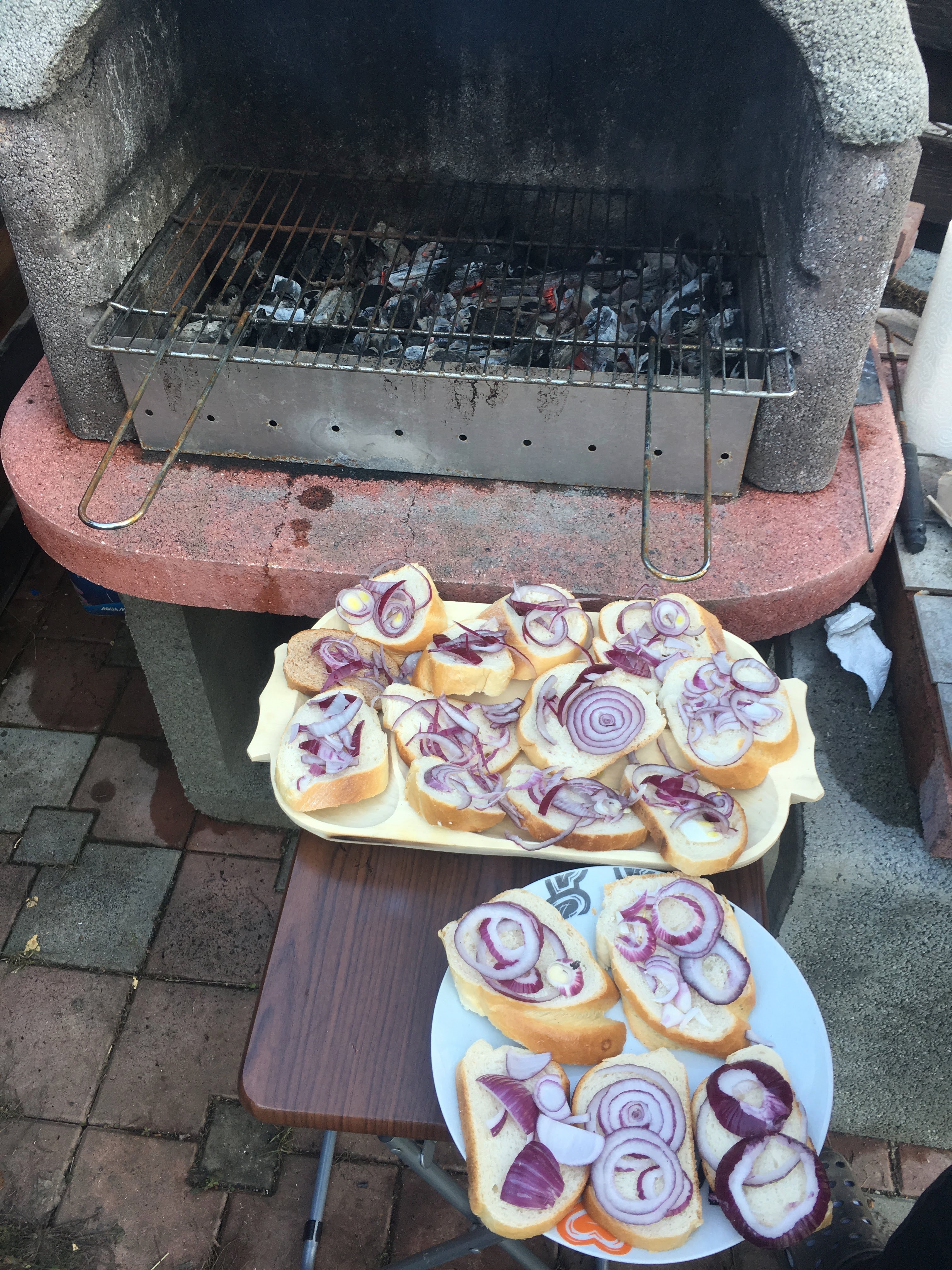 Bread with onion near grill